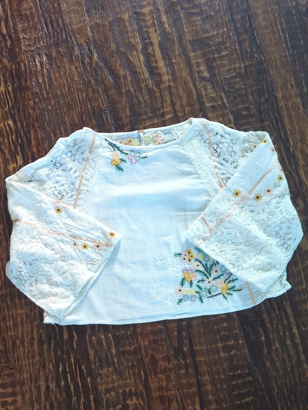 Free People Ivory Lace Boho Floral Embroidered Blouse